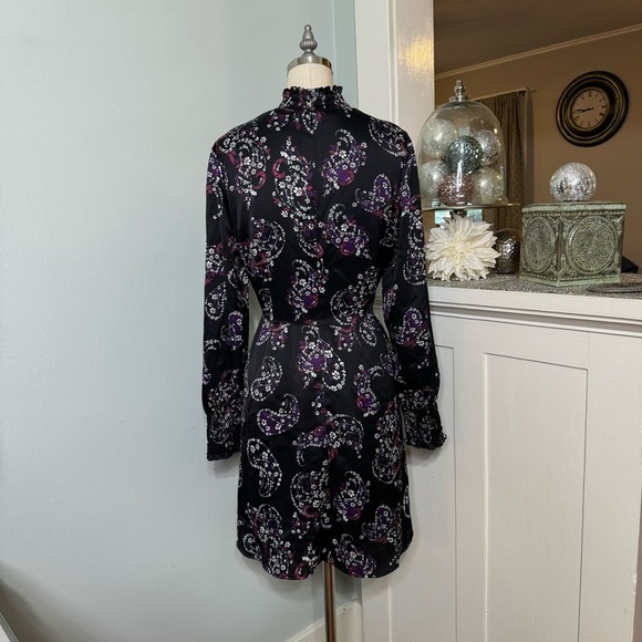 LOFT Paisley Smocked Flared Long Sleeve Floral Dress Black Purple White Pink 8 - Picture 9 of 14